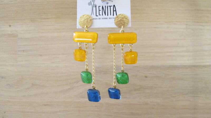 Boucles d'oreilles Managua · Or · jaune orangé, vert printanier, bleu indigo